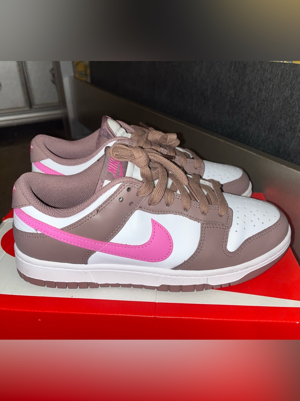 Nike Women’s Dunk Low White Pink and Taupe Leather Sneakers